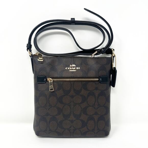 Coach Mini Rowan File Bag Crossbody Purse In Signature Canvas Brown Black CF340 - Picture 1 of 7